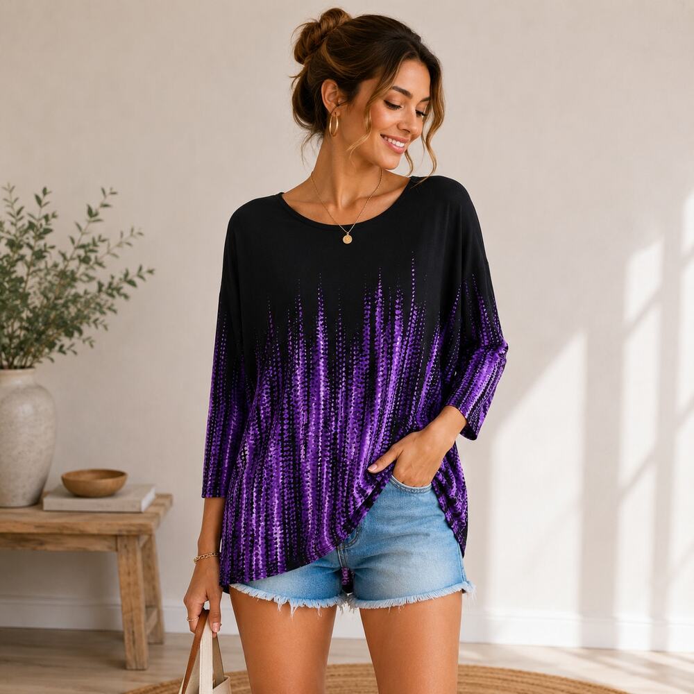 Susan Graver Liquid Knit Blouse Women's Size 2X Black Purple Office Casual Boho